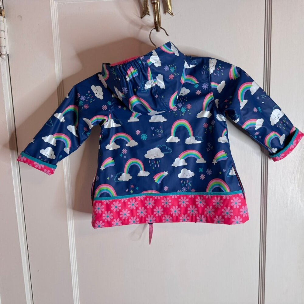 Stephen Joseph Blue Pink Rainbow Hooded Zip Raincoat Toddler sz 2T - Picture 2 of 6